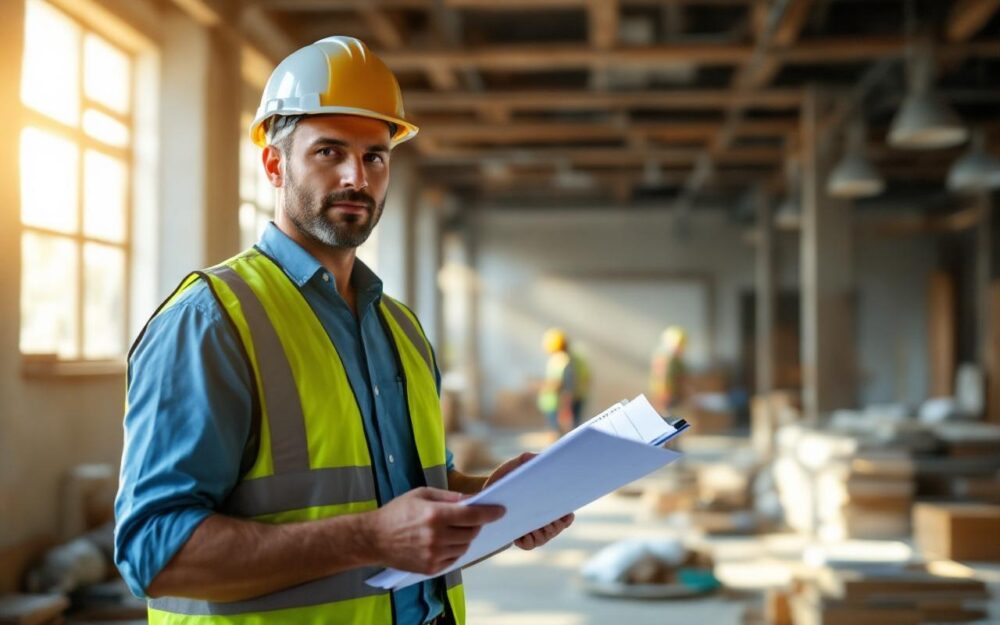 entrepreneur-en-gilet-de-securite-et-casque-verifiant-des-plans-sur-un-chantier-de-renovation-interieur-avec-echafaudages-materiaux-empiles-et-lumiere-naturelle-douce