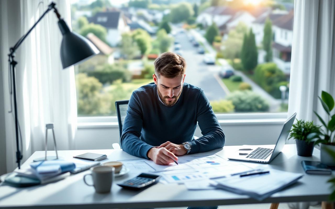 Investisseur immobilier &agrave; un bureau moderne examinant des documents financiers et un ordinateur portable affichant des tableaux, avec des plans imprim&eacute;s, une calculatrice et une tasse de caf&eacute;, fen&ecirc;tre donnant sur un quartier r&eacute;sidentiel, lumi&egrave;re naturelle douce du matin, ambiance calme et concentr&eacute;e, tons bleus et verts dominants.
