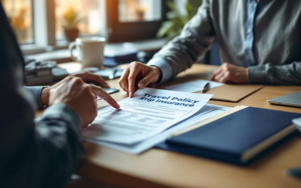 Dans un bureau, un employé examine et discute une politique de déplacement et des documents d’assurance voyage d’affaires sur une table, avec une lumière naturelle douce.