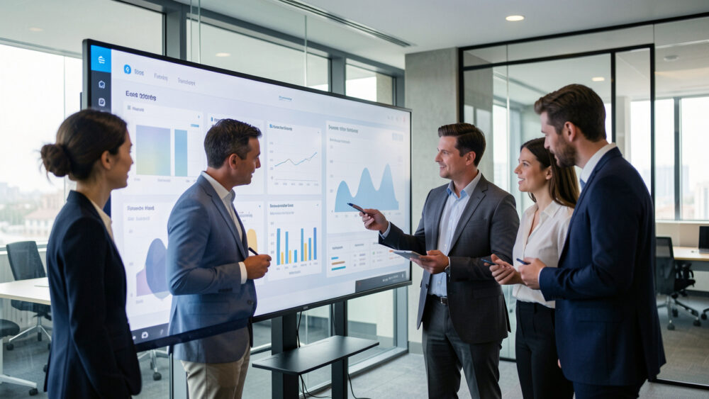 Un dirigeant et trois collègues réunis autour d’un tableau de bord visuel dans un bureau moderne, dans une ambiance professionnelle et collaborative.