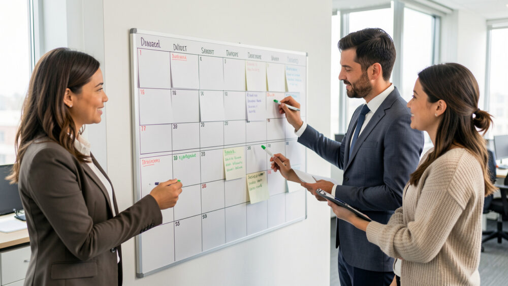 Équipe réunissant marketing, ventes et production pour coordonner les délais et soutenir les ventes.