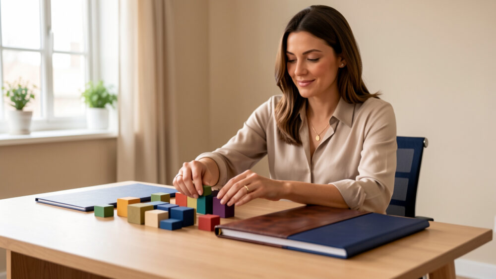 Une consultante indépendante organise des éléments visuels sur un bureau moderne pour représenter la transformation de son expertise en offre de services claire et attractive.