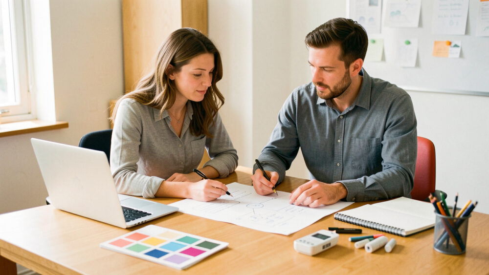 Une spécialiste marketing et un dirigeant de petite entreprise collaborent autour d’un bureau lumineux avec un ordinateur portable, des nuanciers et des échantillons de produits.