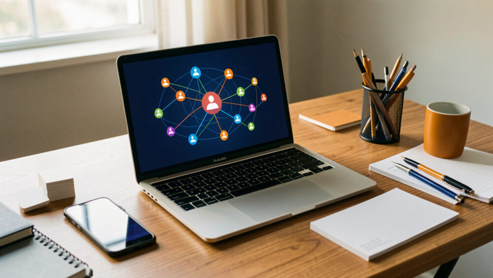 Espace de travail moderne avec un ordinateur portable affichant des graphiques abstraits de réseau de clients, un smartphone et des éléments de planification vierges, évoquant le démarrage commercial d’une PME de services en ligne.